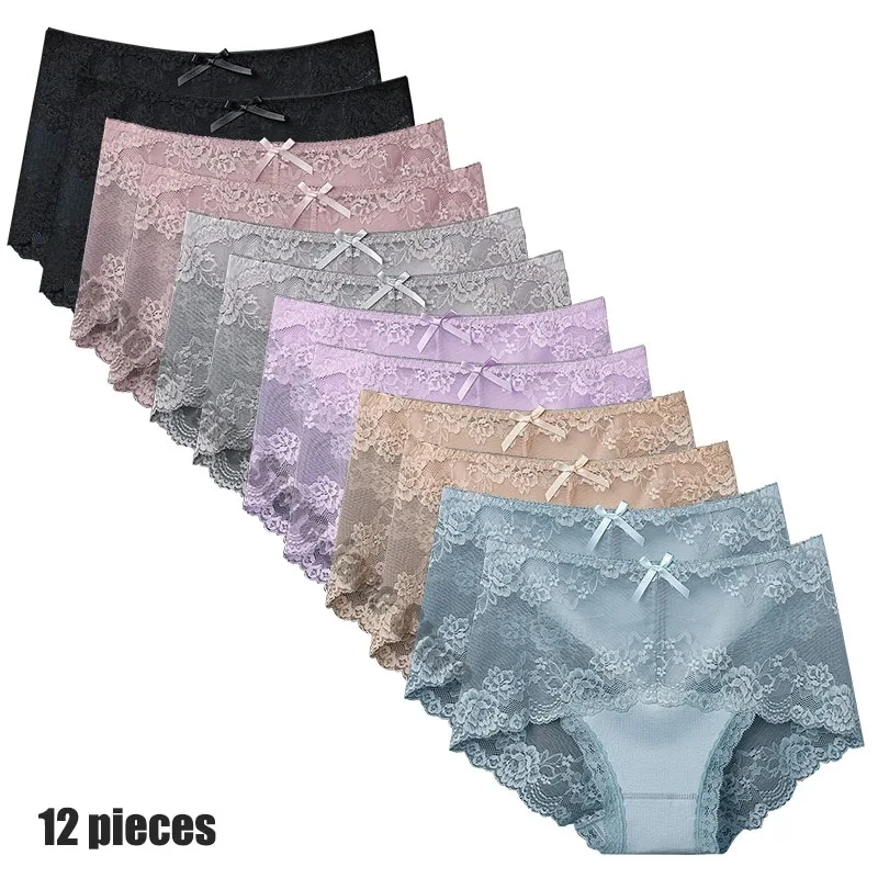 12Pcs/Lot Lace Underwear Women\'s Panties Transparent Seamless Antibacterial Sexy Lingeries Girls Briefs Breath Underpant Female