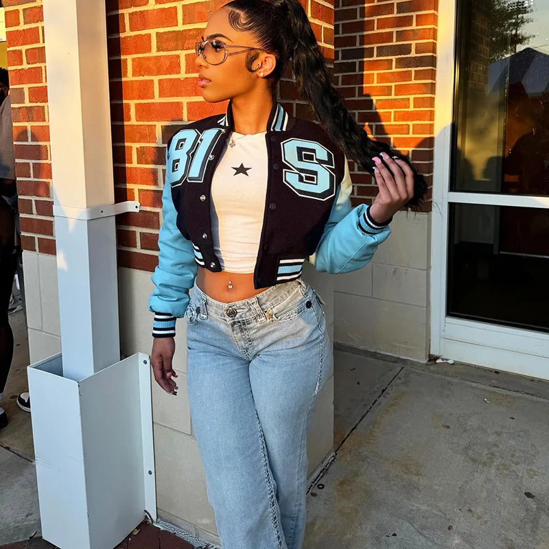 

Женская мода с буквенным принтом, цветная лоскутная университетская куртка из искусственной кожи с длинным рукавом, однобортное повседневное пальто, верхняя одежда, укороченный топ