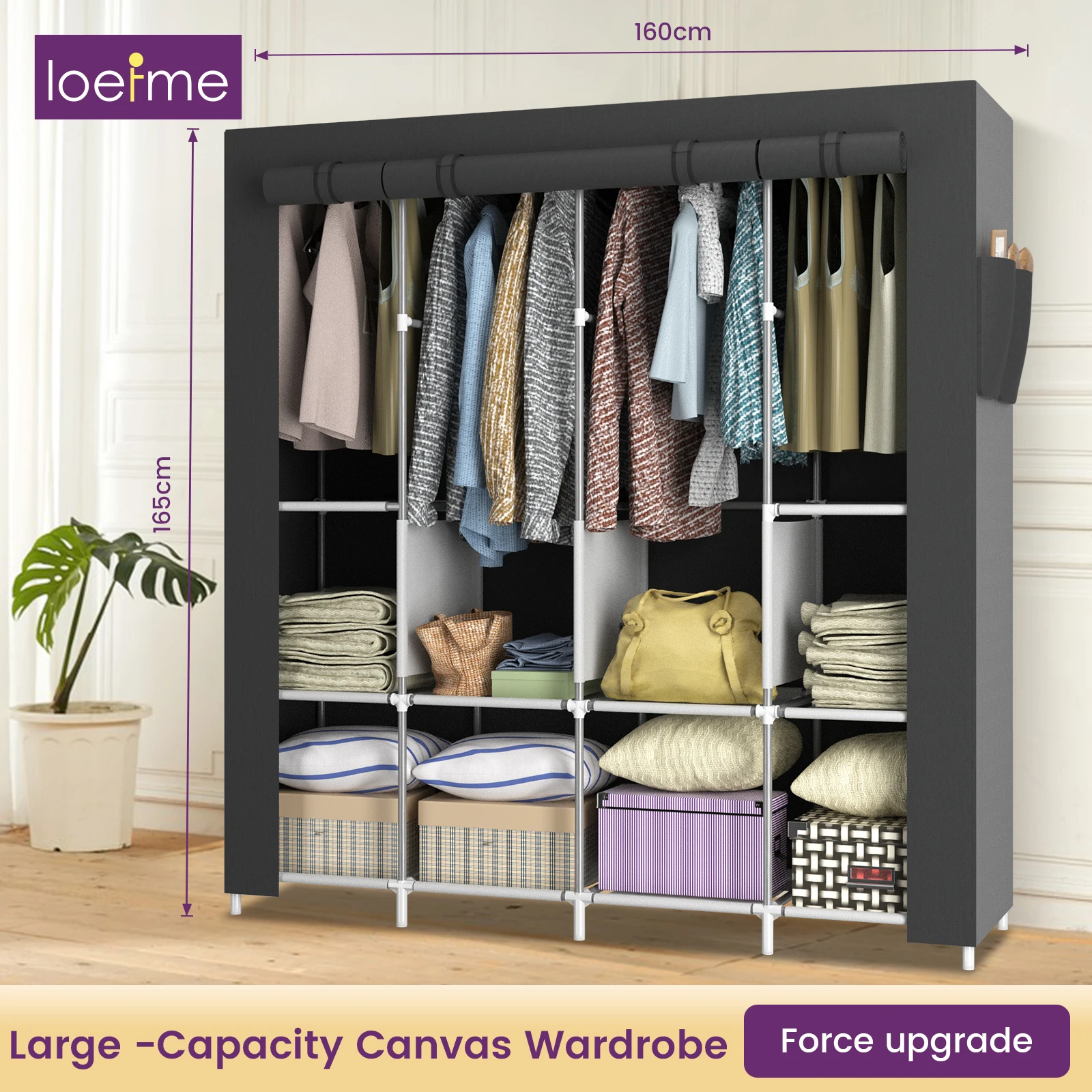 Organizzatore per armadio in tela con binario per appendere, armadio portaoggetti portatile per camera da letto, scaffalature in tessuto resistente