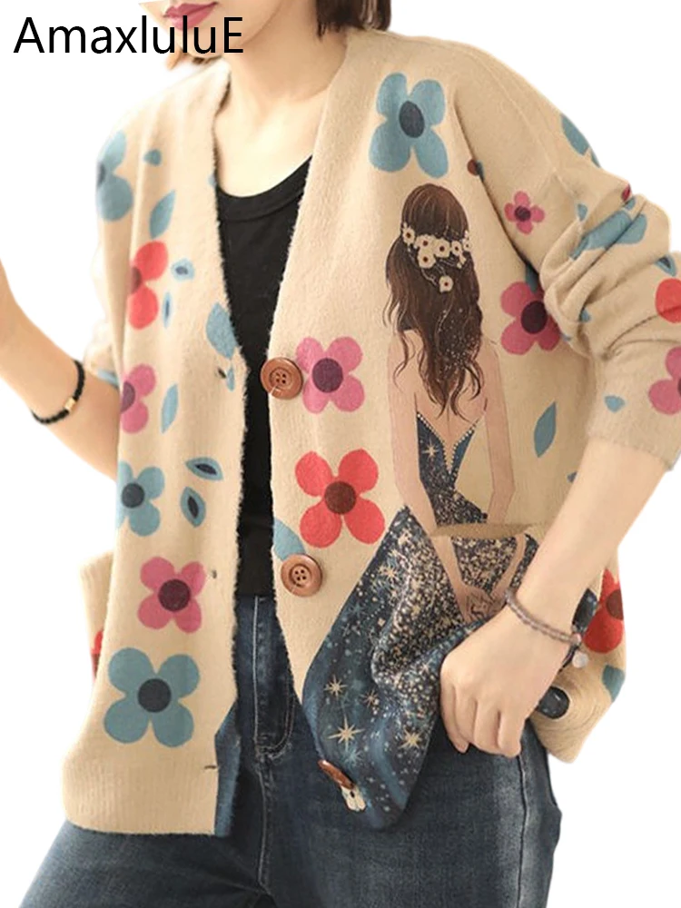 

Amax luluE 2025 Autumn Females Luxury Cardigans Women Fashion Warm Floral Sweaters Ladies Classic Casual Cartoon V Neck Knitwear