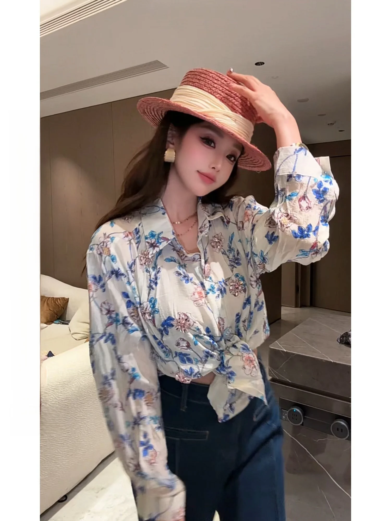 

Женская свободная рубашка с длинными рукавами и принтом в стиле ретро, облегающий топ, повседневный стиль, из полиэфирного волокна, с охлаждающим эффектом, весна-лето, модная одежда