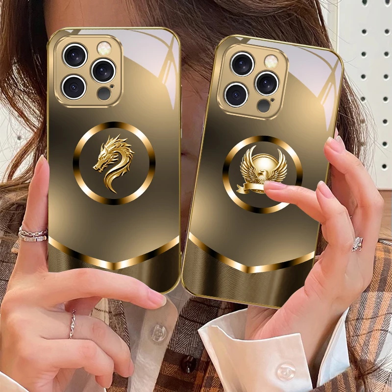 Circular golden eagle For IPhone 17Pro Max 16 17 Pro 15 P ro 14 13 Plus 12 Mini 11Pro Max XR 16E 17 Air Golden glass phone case