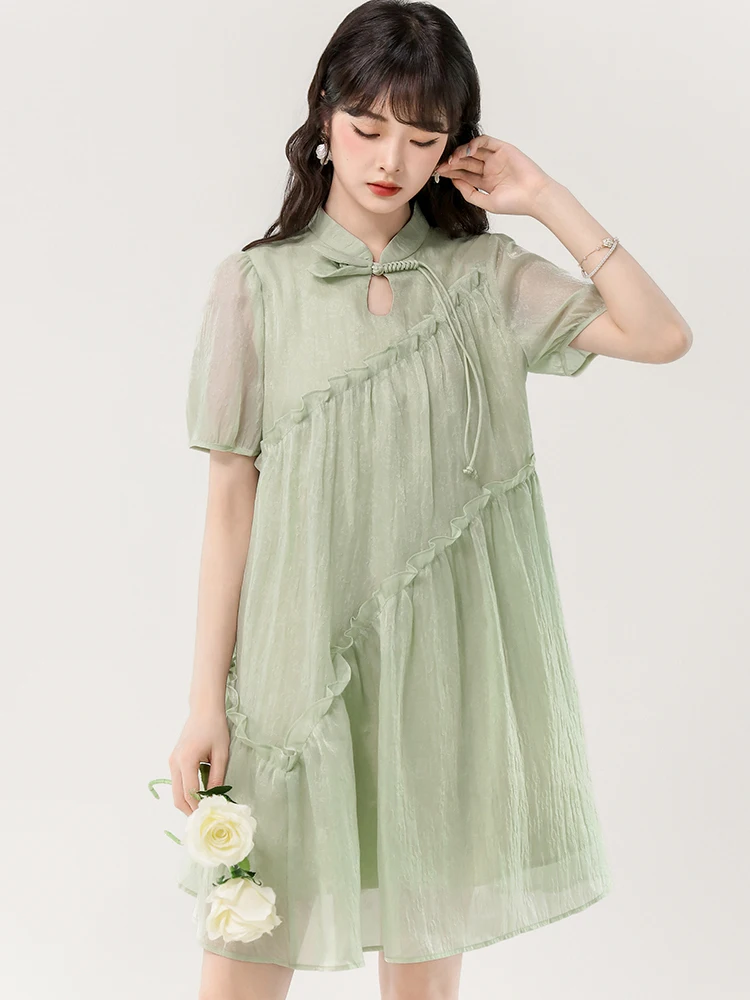 サマーグリーン半袖スタンドカラーミニドレス レディース エレガントカジュアル ラッフルドレス 2025 韓国ファッション ルーズウエスト プロムドレス