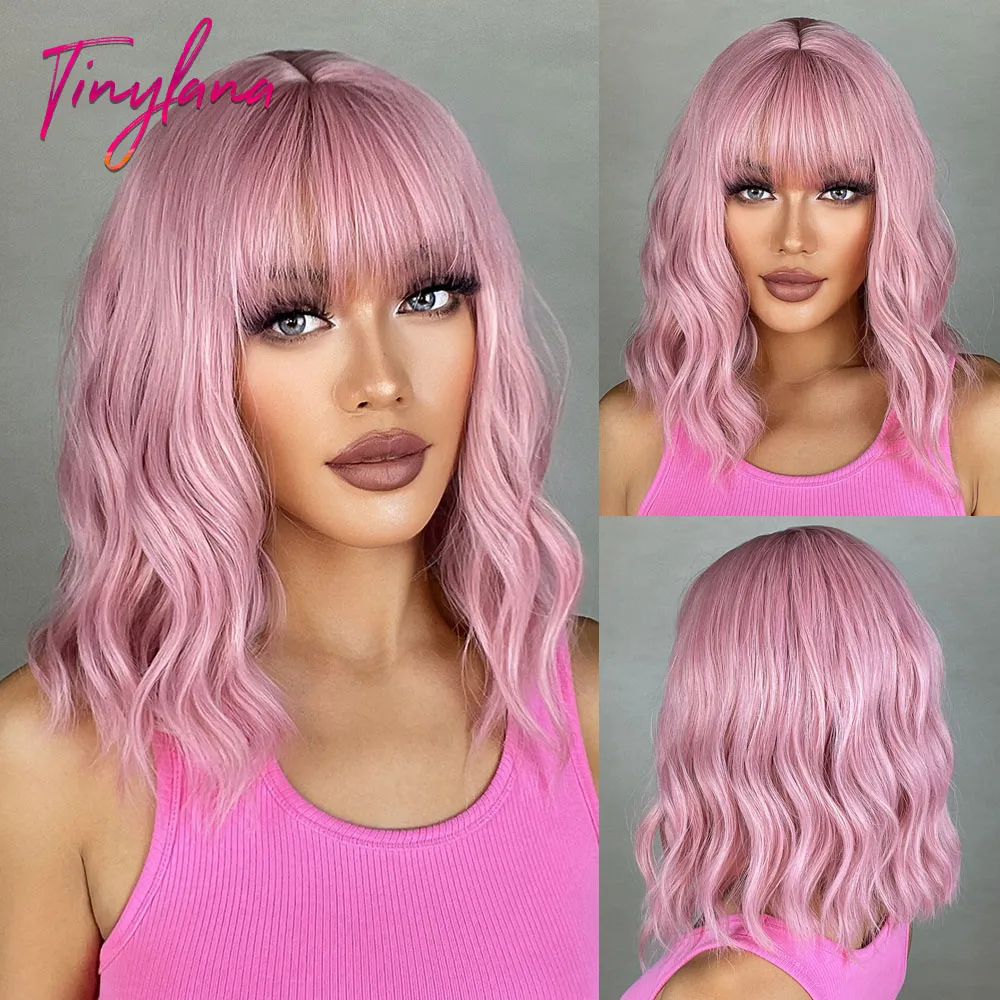 Gray Purple Pink Short Bob Synthetic Wigs with Bangs Curly  display picture 1