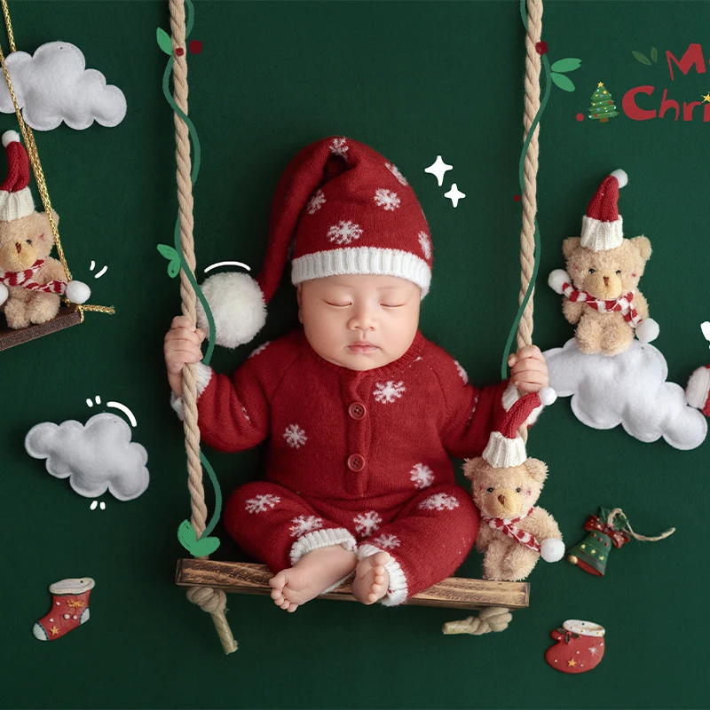 

Newborn Baby Romper Christmas Photography Costumes 0-1 Month Infant Boy Girl Jumpsuit Swing Props &Mini Christmas Accessories