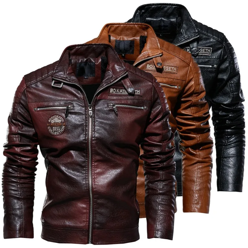 Men's Leather Jacket New Men's Pu Leather Jacket European and American Locomotive Clothing Velvet Leather Jacket Men