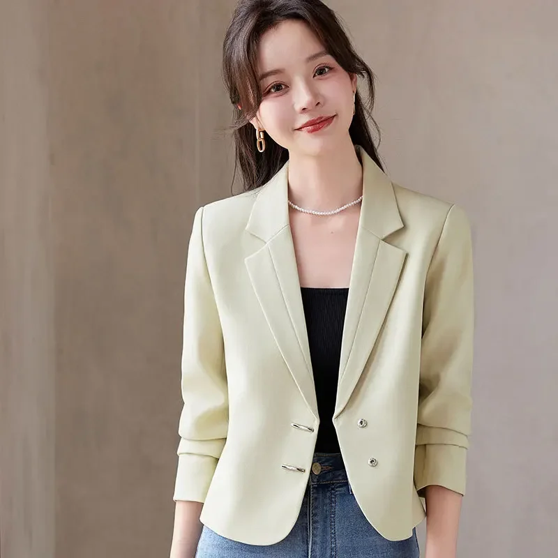 Hochwertiger kurzer Blazer für Damen, einreihiger Kragen, neuer Frühling 2022, elegante Mode-Bürokleidung – Beige, Schwarz, Grün