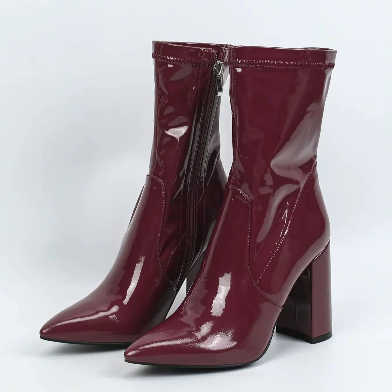 

Burgundy Color Patent Leather Modern Stretch Short Boots For Women Pointed Toe Side Zipper Botas Largas Chunky High Heels Mature