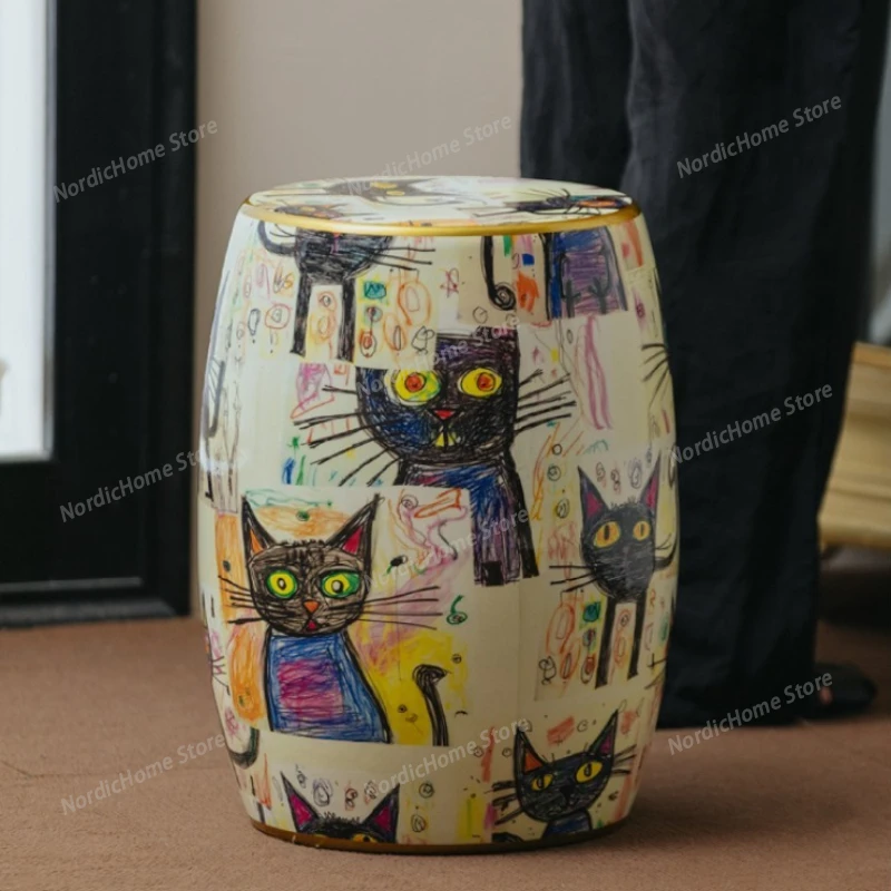 French Vintage Style Colorful Hand-painted Round Stool Schrödinger's Cat Drum Stool Painted Ceramic Minimalist Living Room Table