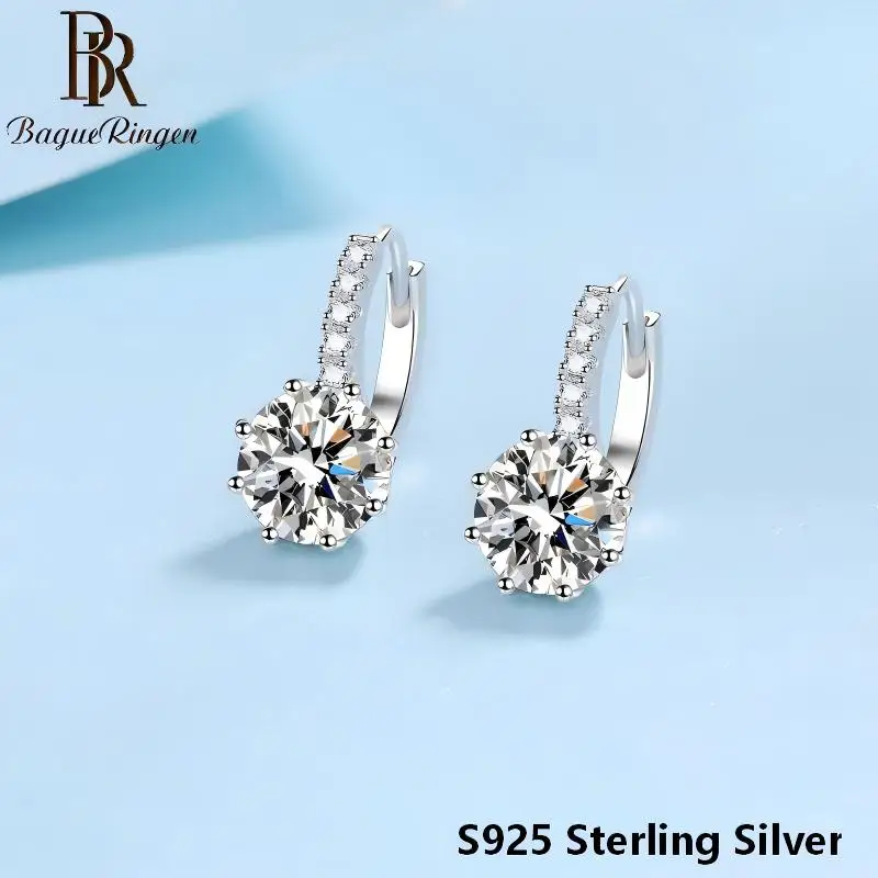 BR 2CT S925 Sterling Silver Moissanite Earrings for Women, Dainty Small Ear Buckles, Perfect Gift for Girlfriend & Friends