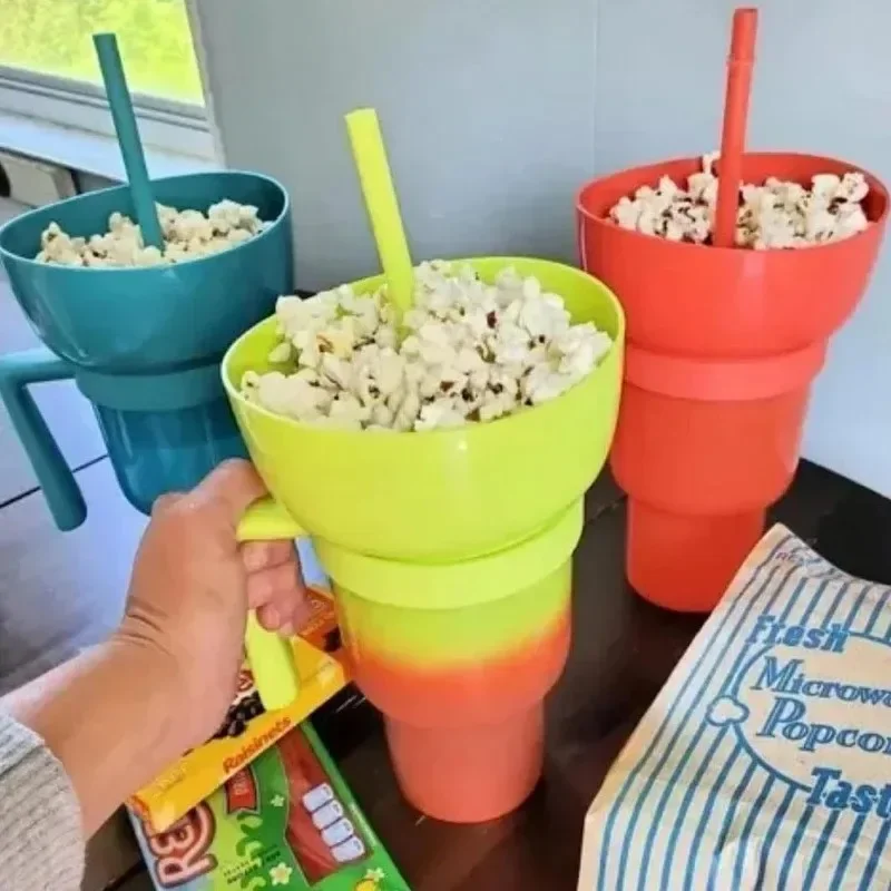 Tazón creativo para aperitivos, botella de paja para bebida, combinación de tazas, fiesta de amigos, cine, palomitas de maíz, conveniente contenedor de comida de una pieza