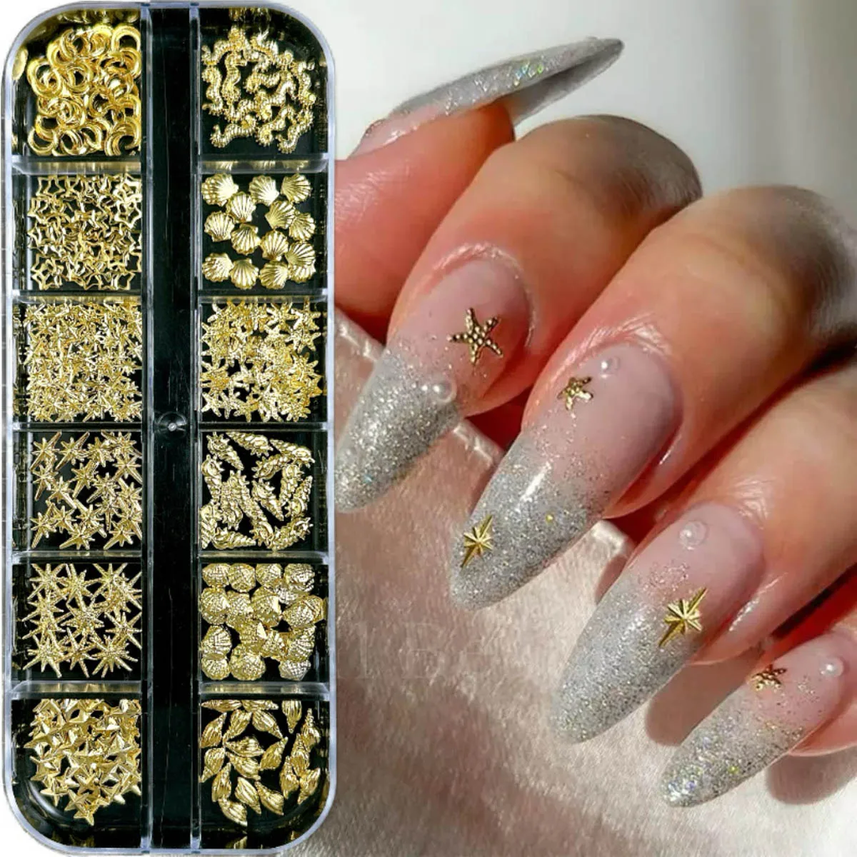 12칸 골드 오션 네일 참 장식물 조개/해마/불가사리 다양한 모양 별 3D 믹스 펑크 매니큐어 메탈 네일 DIY 부품