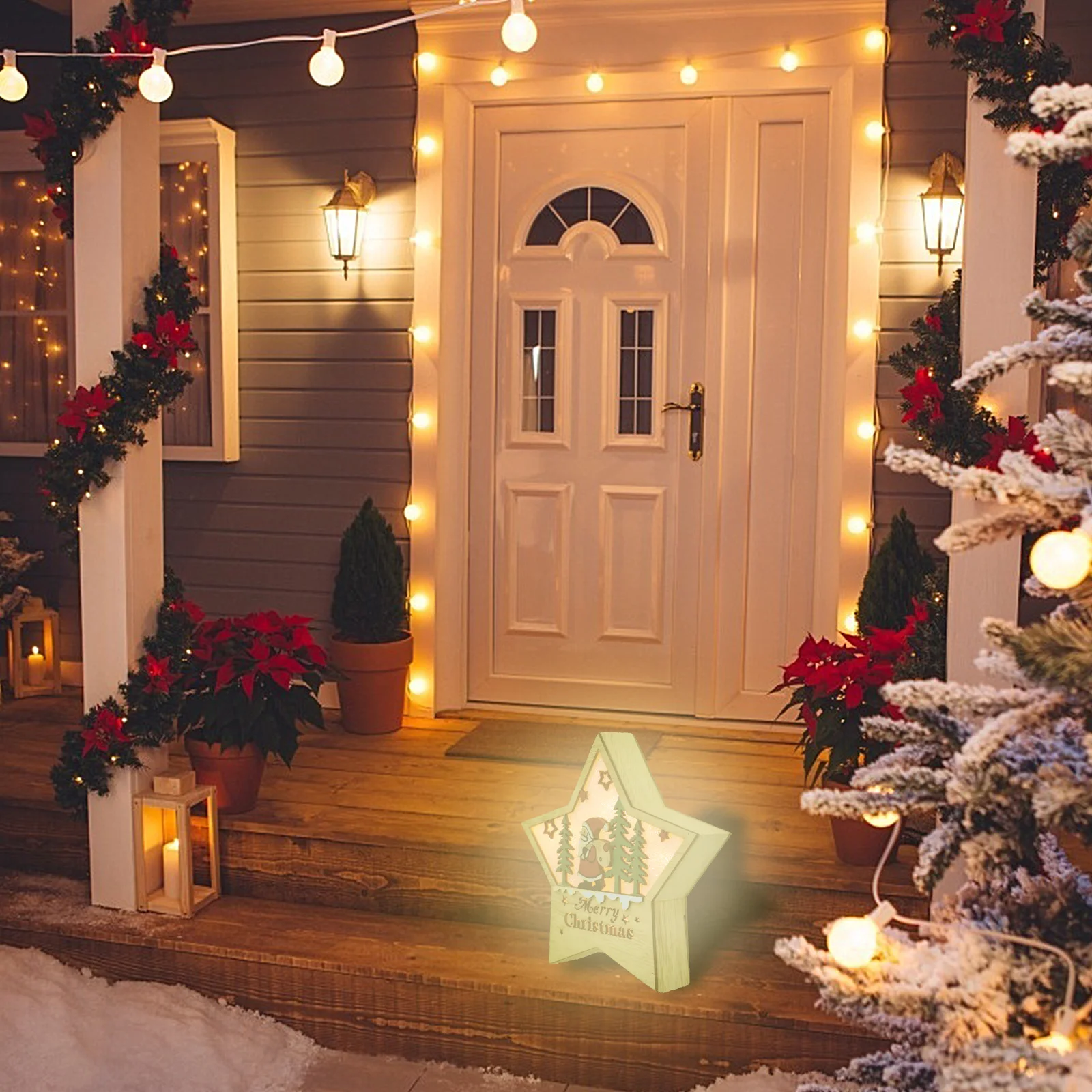 

1Pcs Christmas Luminous Wood Ornament Decorative Star Shape Xmas Desktop Adornment Light Up Xmas Glow Ornament for Home Shop