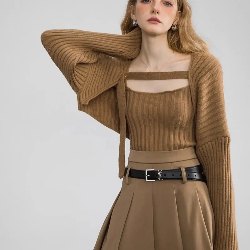 Ensembles de pulls de style français pour femmes, cardigan doux et élégant, camisoles ajustées, streetwear monochrome simple, assressentiet décontracté, attrayant