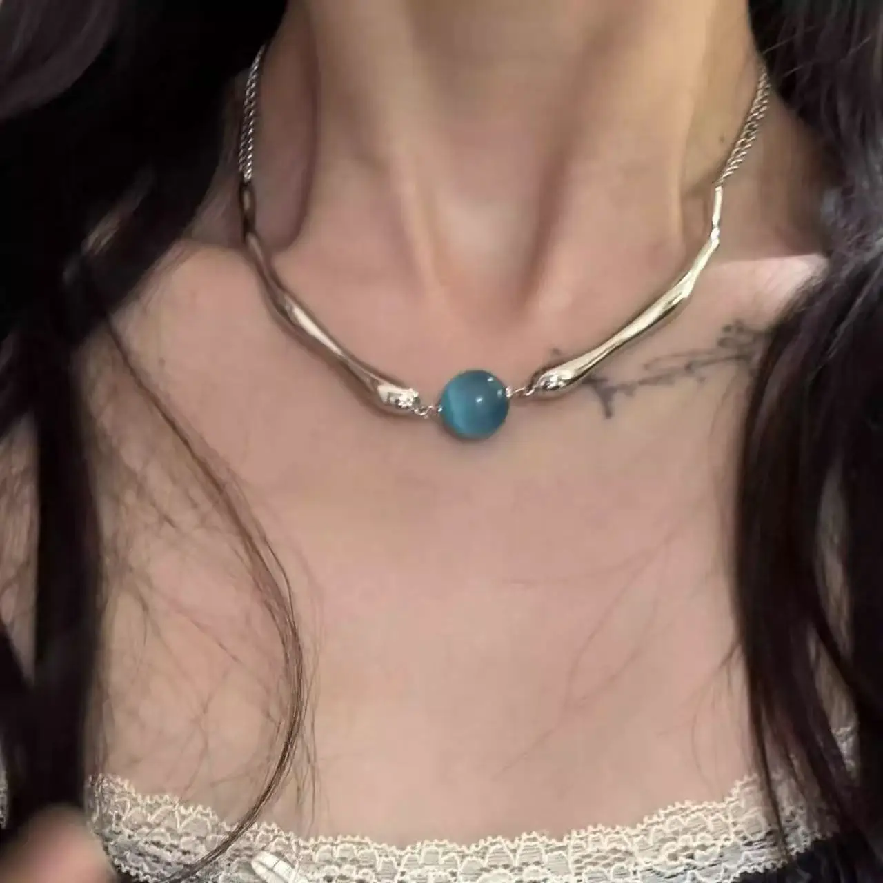 

SMVP Punk Mechanical Style Cat's Eye Stone Necklace Women Blue Cat Eye Stone Pendant Minimalist Design Fashion Collar Necklace