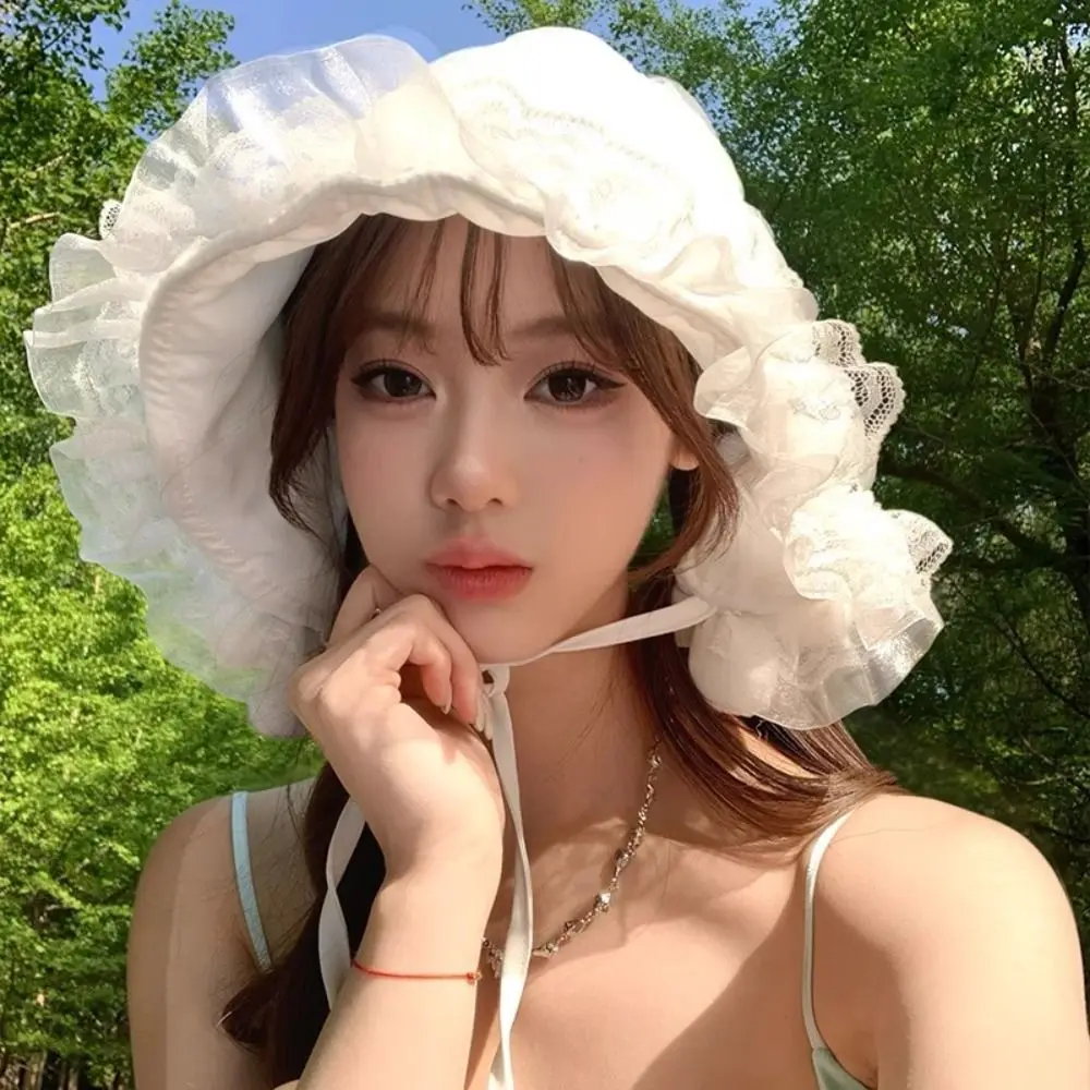 

Foldable Summer Lace Bucket Hat Lolita White Fisherman Hat Sweet Wide Brim Visor Basin Cap Travel