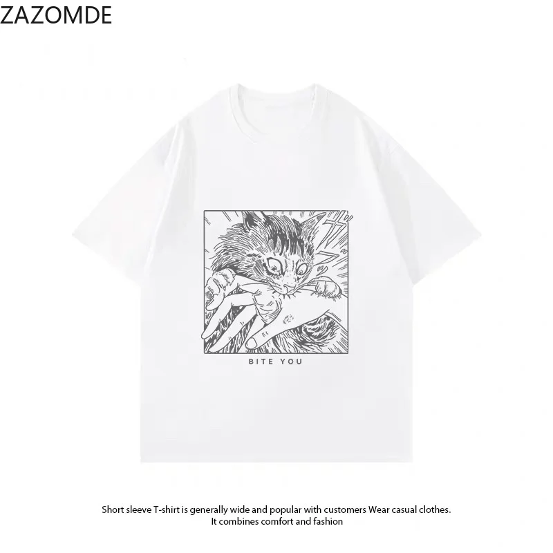 ZAZOMDE Minimalist Black White Line Drawing Angry Cat T-Shirt Simple Bite Hand Animal Print Loose Short Sleeve Basic Casual Top