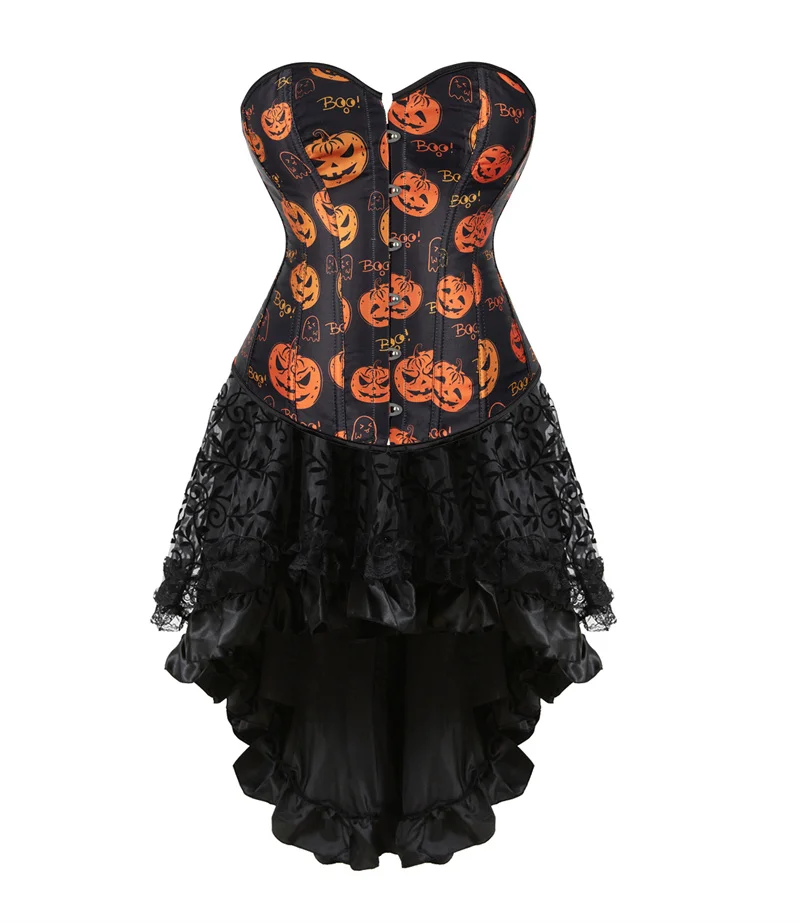 Corset Dress Tutu Skrits Set Pumpkin Print With Lace Costume Party Sexy Burlesque Outfit Plus Size Halloween Cosplay Black Red