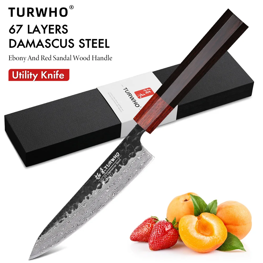 

TURWHO 5 Inch Utility Knife Japanese Damascus Steel Hand Forged Chef Knives Paring Fruit Meat Fish Slicing Kitchen Cooking Tools