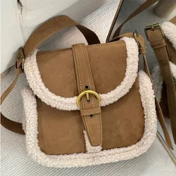 Retro contrasting fur bag for women 2024 new suede small square bag, fashionable and versatile plush crossbody saddle bag trendy