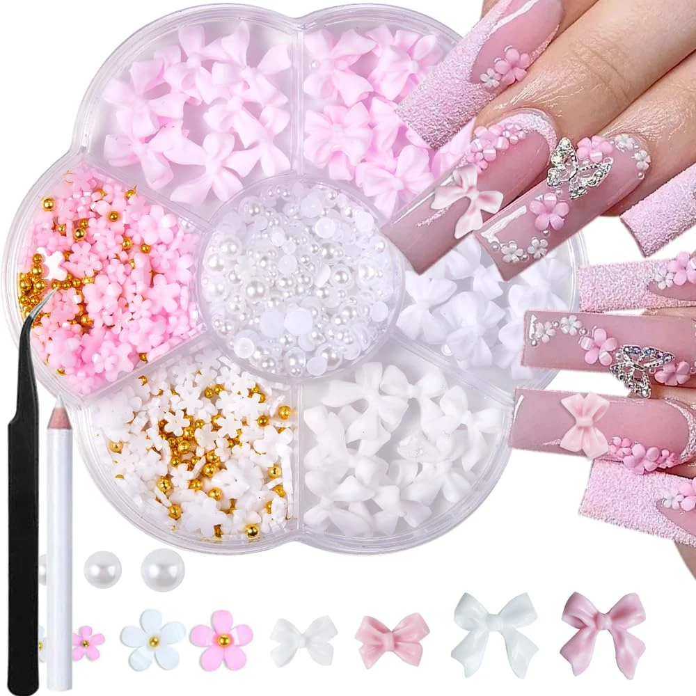 1 صندوق الوردي الأبيض القوس خمسة بتلات الزهور مسمار السحر الراتنج الاكريليك البتلة + حبات الذهب اللؤلؤ مسمار اكسسوارات مختلط مانيكير ديكور