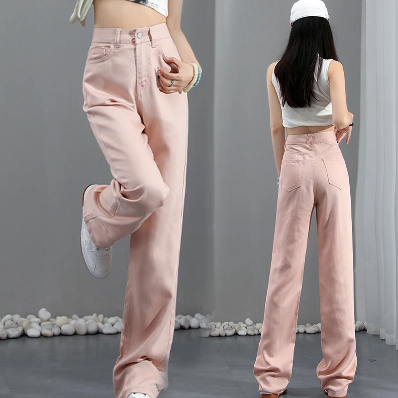 

Ice Silk Denim Jeans For Ladies Pink Straight Loose High Quality Wide Leg Pants Solid Brand Classic New Arrivals Trousers