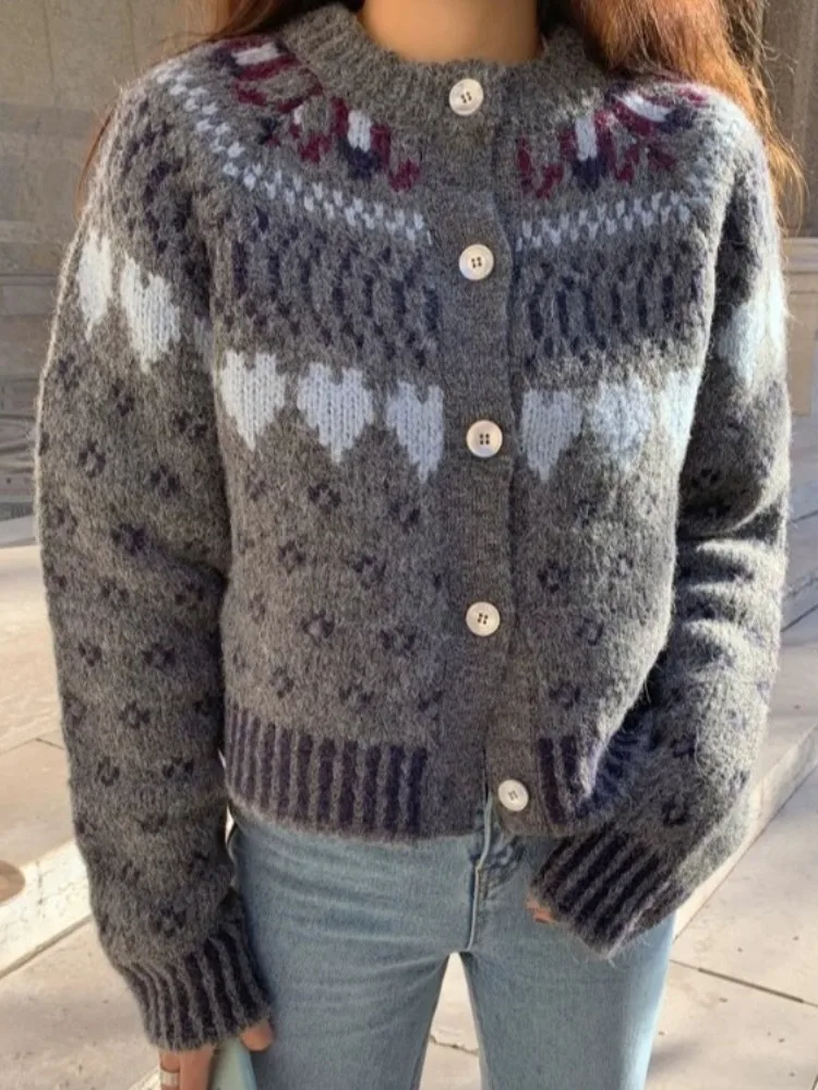 

Thiened Long Sve Knitted Cardigan Women's round Ne Autumn Winter Warmth Age Reduction Coat Love Pattern Fair Isle