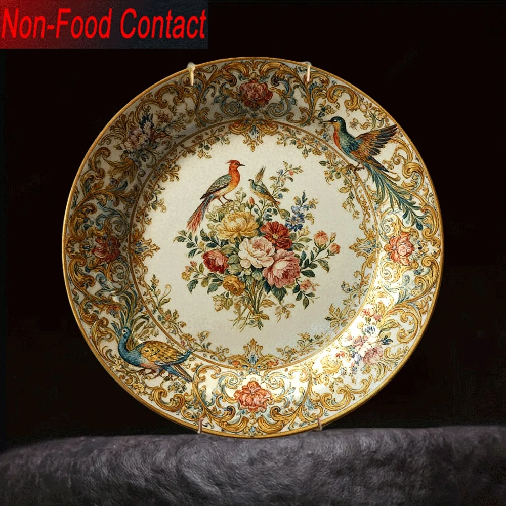 2D 1pc Ceramic Decorative Plate with Hand-Painted Floral & Bird Design - Non-Food Contact, Classic Style, Round Shape, Perfect