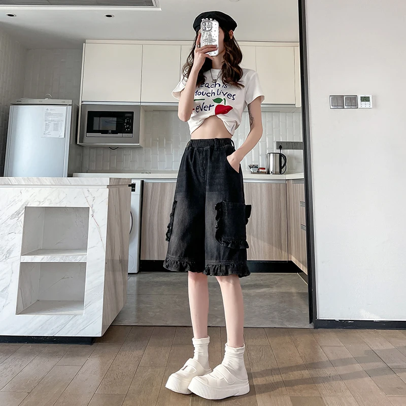 L-6XL حجم كبير الصيف الدنيم السراويل للنساء 2025 جديد الكورية موضة عالية الخصر نصف طول واسعة الساق فضفاض شورت جينز النساء #2