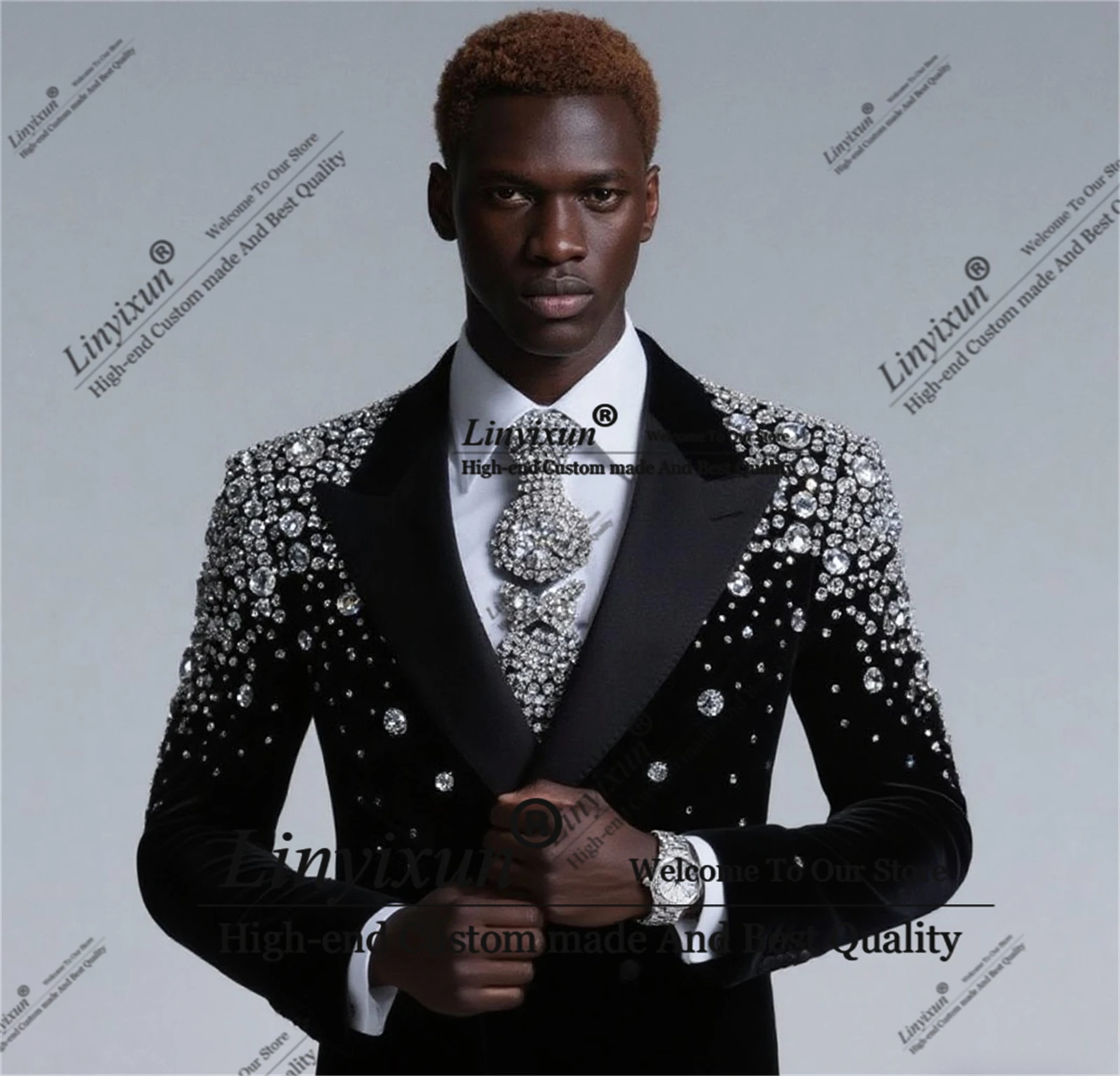 高級ダイヤモンド装飾タキシードベルベットメンズスーツ2ピースグルーム男性プロムブレザーカスタムスリムウェディングトラヘスパラオンブレ
