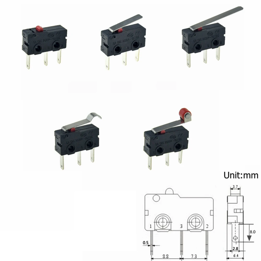 5Pcs Mini Micro Limit Switch NO NC SPDT 3 Pins 8mm Longer Terminals 5A 125V 250V 29mm Roller Arc lever Action Push Microswitches