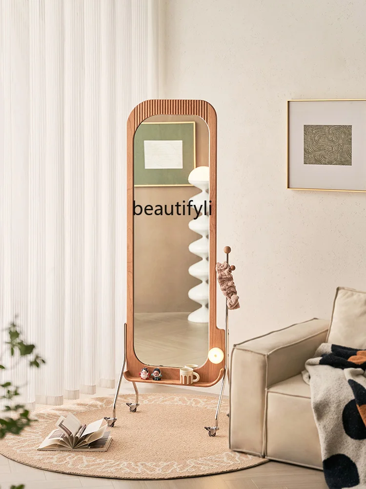 

Solid Wood Bedroom Dressing Mirror Multifunctional Floor Mirror Movable Storage Magazine Rack Rotating Full-Length Mirror