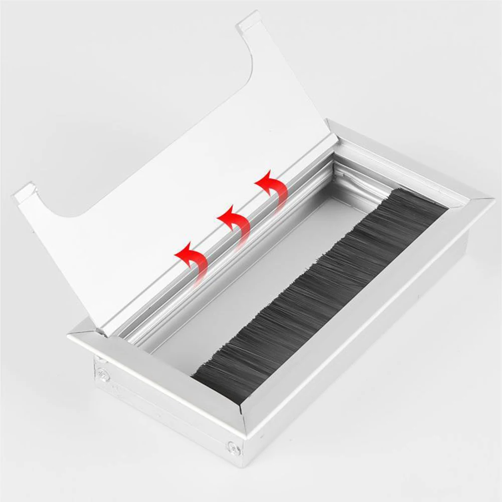 Square Aluminum Alloy Cable Hole Cover 80x280mm Desktop Wire Management Box With Brush For Office Desk Electrical Accessories
