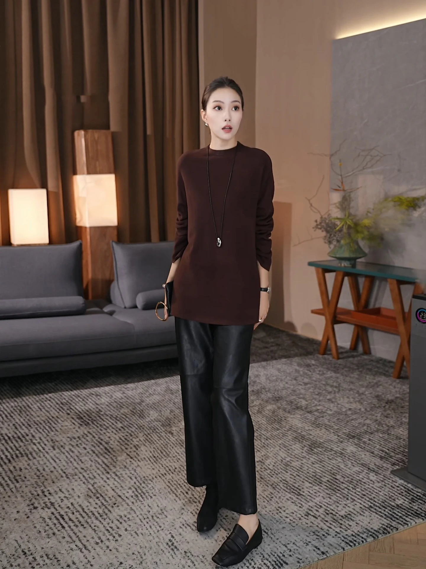 

Casual High Waist Straight Leg Pants Women's Elastic Waist Texture Sensation Versatile Autumn New Sle Narrow Version Leathe...