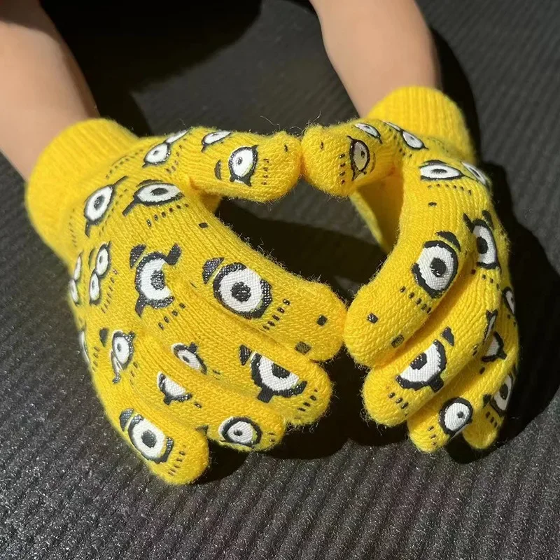 2Pcs Minionsed Winter Knitted Wool Hats Warm Ear Protection Beanie Cute Hat Gloves Scarf Set Outdoor Ski & School Commute Therma view 5