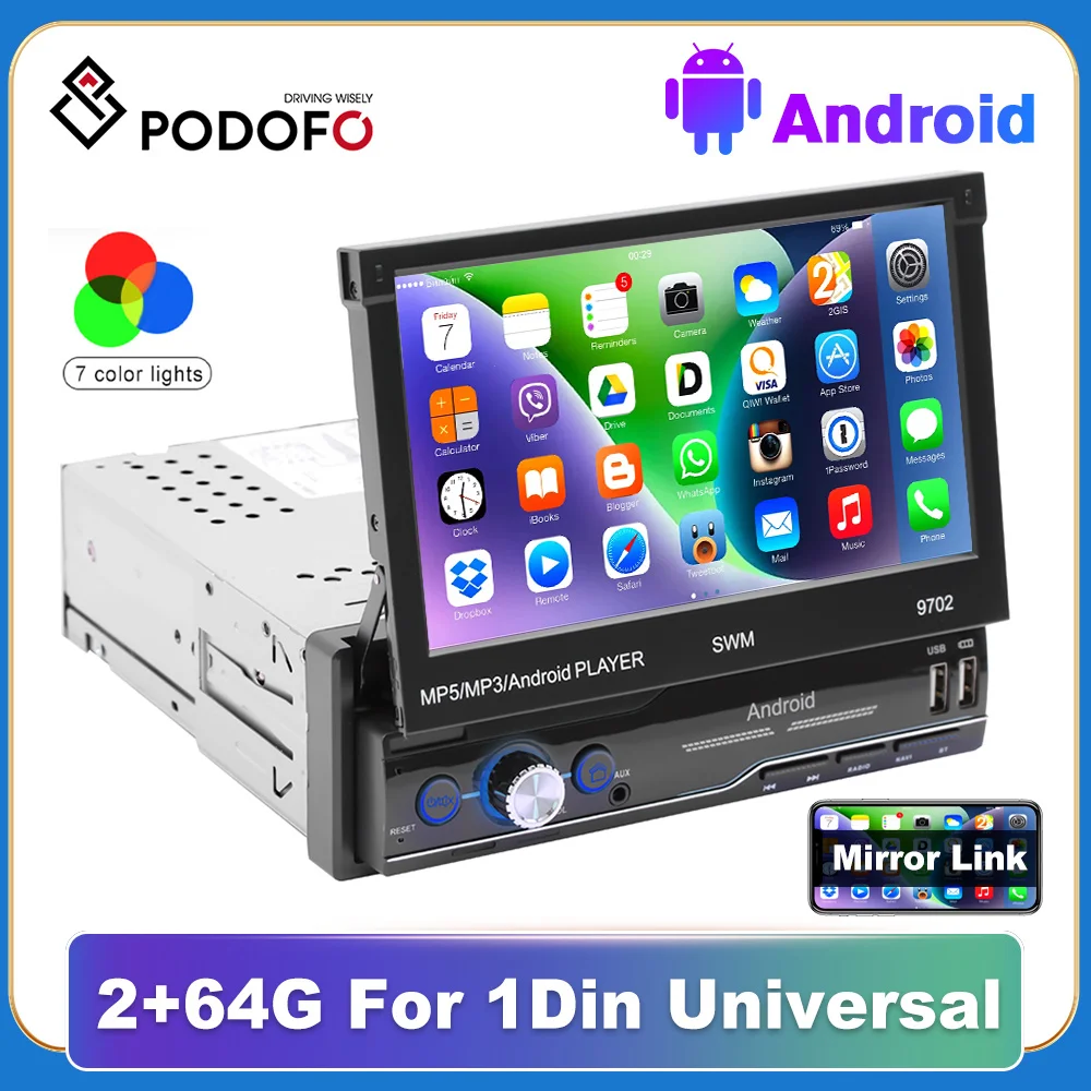 

Podofo Android 11 1Din Car Radio 7'' DSP GPS Navigation Car Multimedia Player Universal DVR Stereo With Folding touch screen