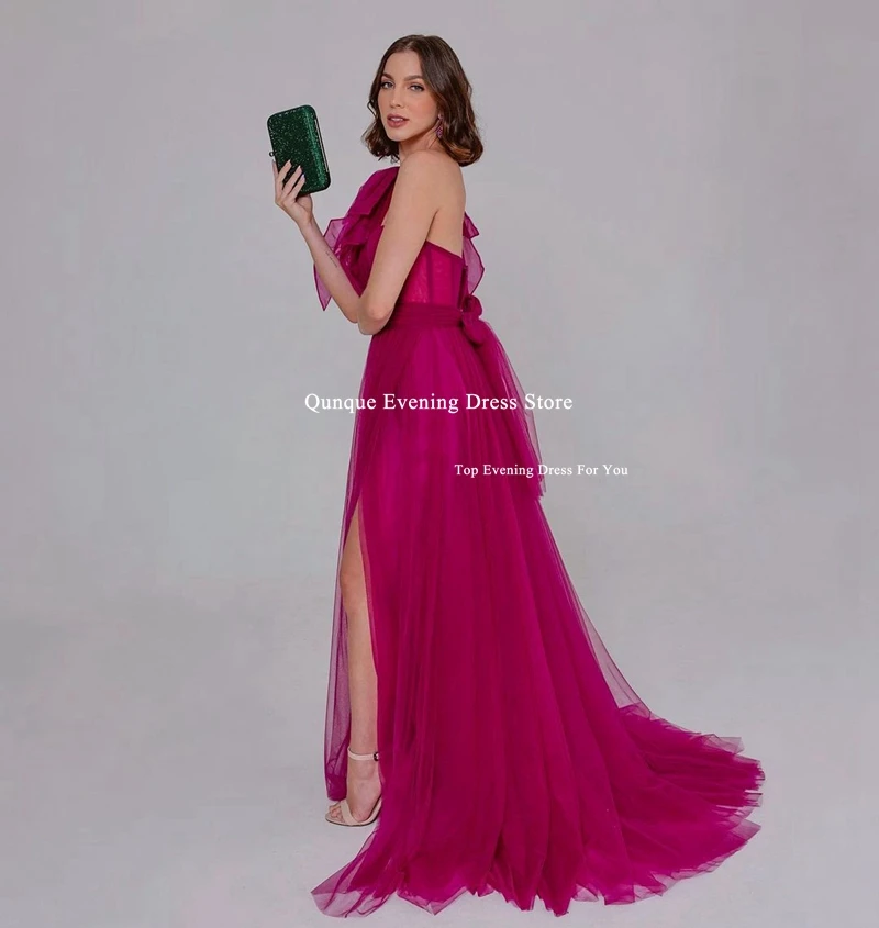 Qunque Fuchsia Tulle Evening Dresses Vestidos De Fiesta One Shoulder Customized Slit Prom Dress A Line Bow Back Robes De Soirée