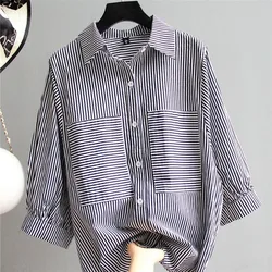 2023 Autumn Women's New Pure Cotton Striped Shirt with 3/4 Sleeves Fleece Covering Loose Size Shirt Korean Comfortable Top