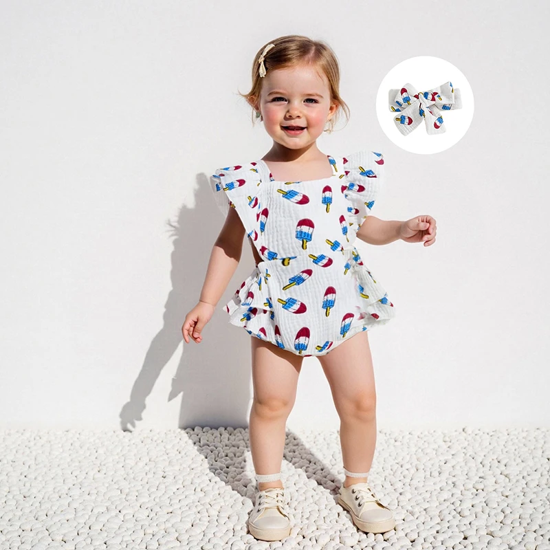 Toddler Girls American Flag Romper Independence Day Sleeveless Jumpsuit with Bow Headband Set Cute Outfits for Summer