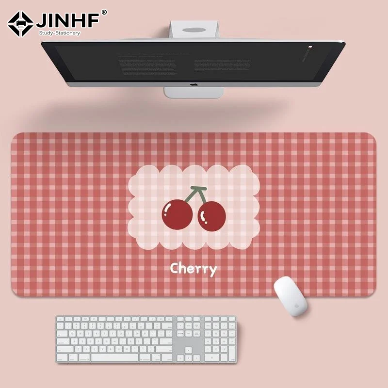 Large Extended Desk Mat Cute Cherry Pink Plaid Print Nonslip Base For Home Office Gaming Use