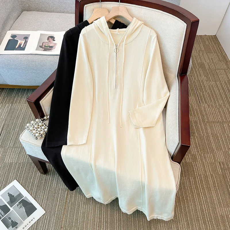 150Kg Plus Size Women's Bust 150 Spring Autumn Loose Hooded Long Sleeved Knitted A-Line Dress Beige Black5XL 6XL 7XL 8XL 9XL