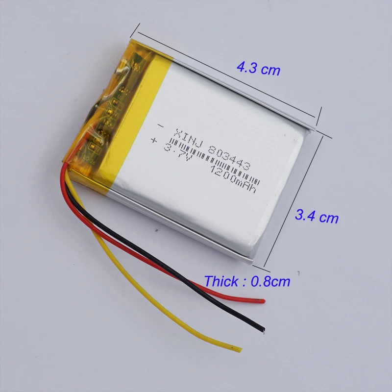 3.7V 1200mAh 4.4Wh Thermistor 3 Wires Rechargeable Li Lipo Battery 803443 For GPS Camer Music Player Bluetooth Speaker LED Light