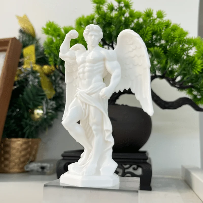 White Resin Male Angel Sculpture Classical Greek Style Winged Warrior Statue Retro European Figure Figurine Desktop Art Ornament