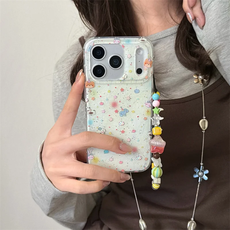 

Korean Line Star Cartoon Animal Phone Case For iPhone 17 Pro 16 15 14 Pro Max 15Pro Cover with Chain Shockproof Cute Protective