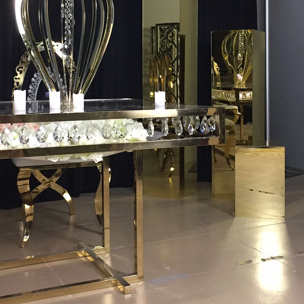 Luxury Restaurant Table Gold Stainless Steel Glass Dining Party Tables For Wedding Event
