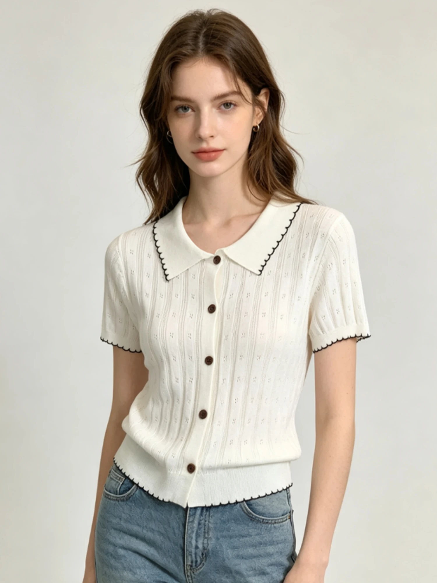 Women's White T-shirt Polo Collar Hollow Out Short Sleeve Knit Cardigan Tee Elegant Korean Style Y2K Gyaru for Women Summer 2026