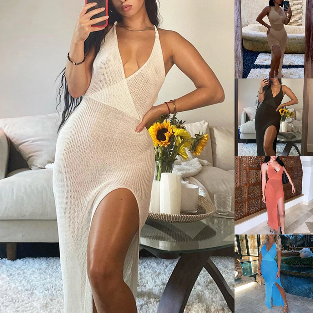 Woman Dress Dress Daily Party Beach Party Crochet Dress See Through Sexy Plunge V Neck Style Spring And Summer