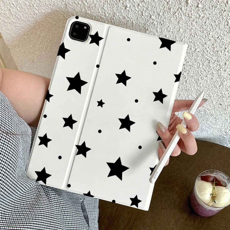 Simple Black Star White Book Style Tablet Case For iPad Pro 11 12.9 13 A16 M2 M4 M3 M5 5/6/7/8/9/10/11th Mini Air 3 4 5 6 Cover