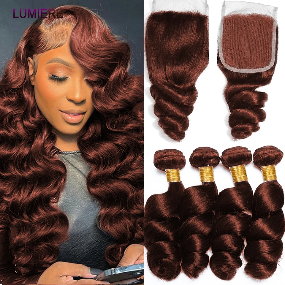 8-30”Loose Wave Human Hair Bundles With Closure Frontal 5x5 HD Auburn Brown Colored Hair Weave Extension Closure With Bundles