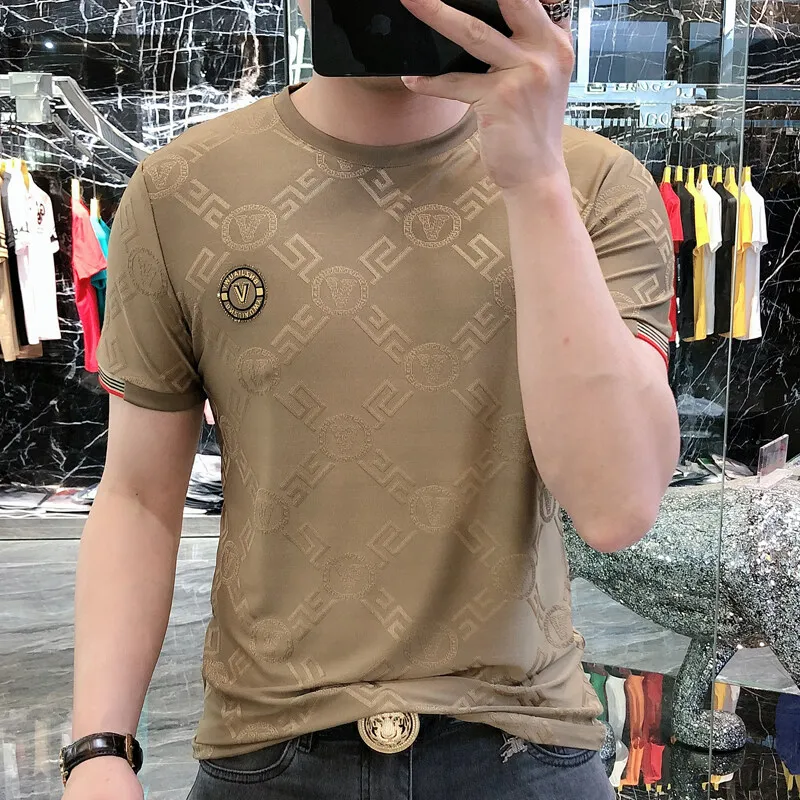 

2025 Summer Ice Silk Breathable T-shirt Men Luxury Jacquard Round Neck Short Sleeved Casual T-shirt Socialize Streetwear Tops